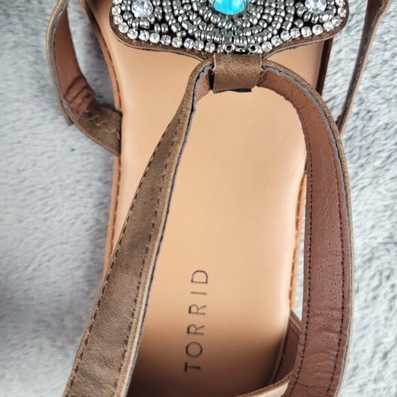 Torrid Turquoise & Rhinestone T-Strap Sandals Womens 12W Boho Festival Southwest - Picture 9 of 14